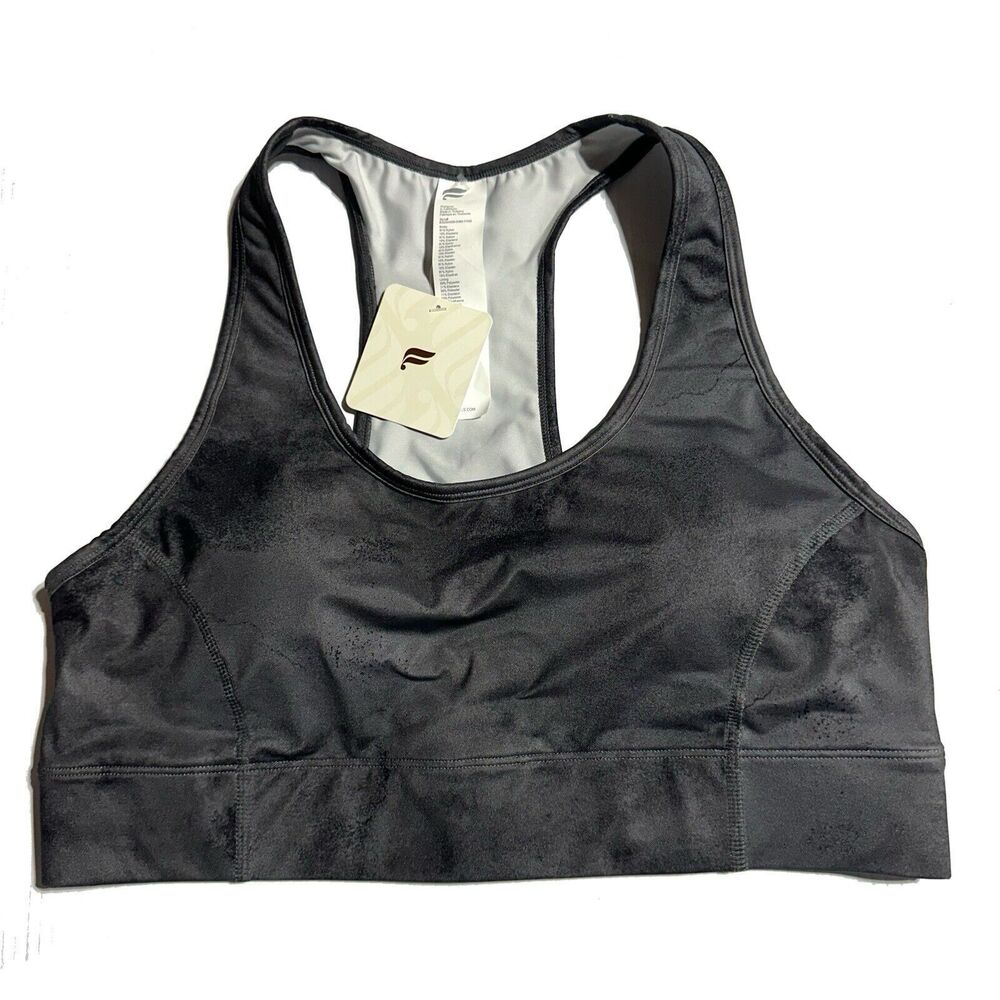 Fabletics On The Go Medium Impact Sports Bra Phone Pocket Size L Onyx Smudge NWT